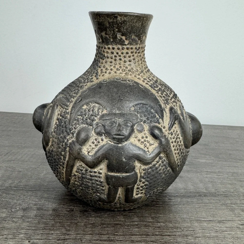 Antique Pre-Columbian Chimu Pottery Vase Carved Human Figures Animal Folk Art